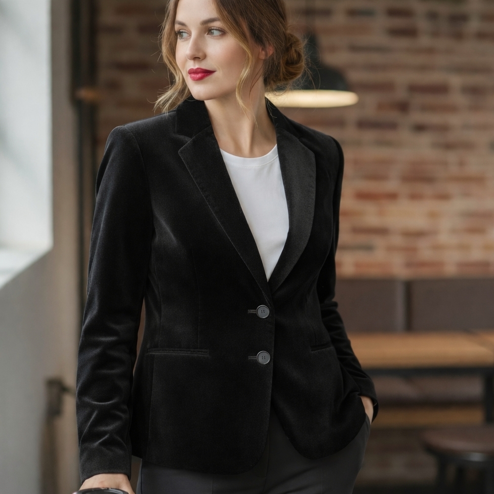 VINTAGE Lady Hathaway  Black Velvet 2 button Blazer Jacket